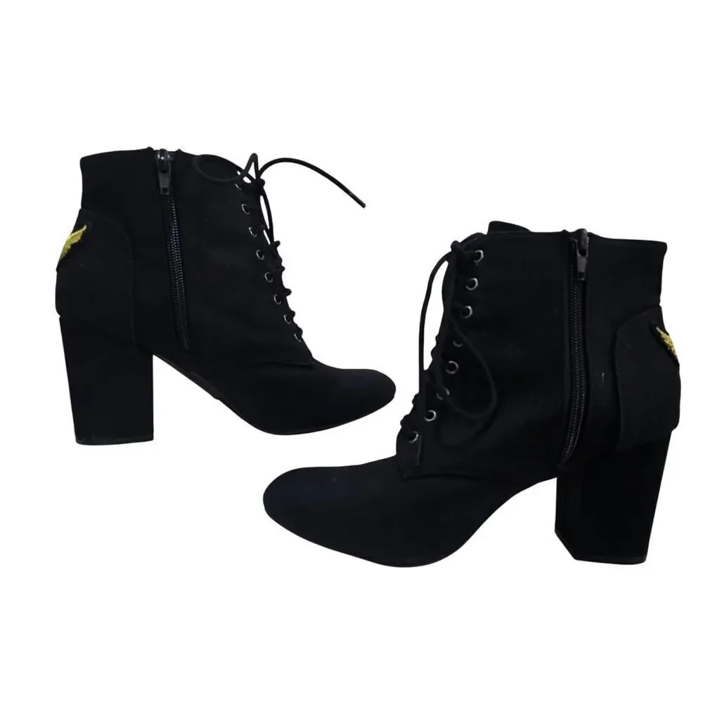 Black Ankle Boots Lace Up Block Heel Star Patch Size 8.5 Women Airforce Grunge - Picture 4 of 8